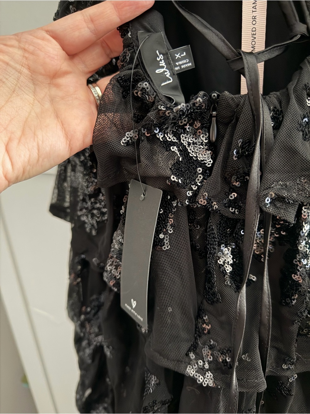 NWT! Lulus Definite Glamour Black Sequin Strapless Bustier Maxi Dress - Size XL - Picture 12 of 14